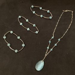 Avon - Turquoise And Cat Eye Silver Necklace And Bracelet Set