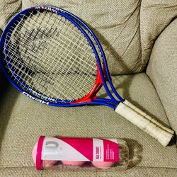 HEAD SPECIAL EDITION TOUR MASTER VINTAGE TENNIS RACKET WITH COVER GRIP 4 1/4 & PINK TENNIS BALLS