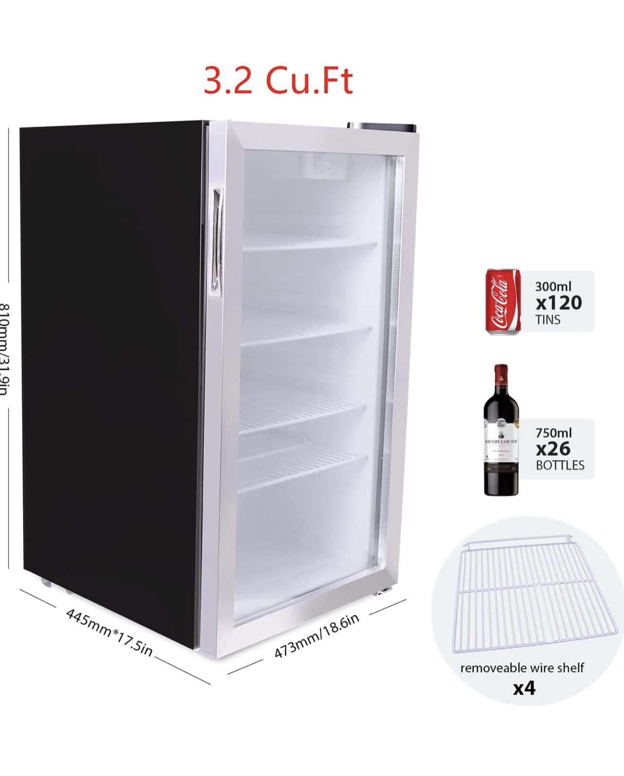 WATOOR 120 Cans Wine Cooler and Beverage Refrigerator - Mini Fridge with  Glass Reversible Door for Soda Beer or Wine 3.2 Cu Ft
