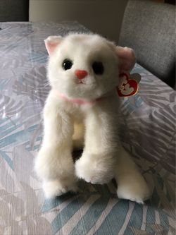 TY Classic Crystal White Kitty Cat Lying Down, Pink Ears, Green Eyes, 12” W/tag
