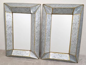Set of 2 Galvanized Metal Wall Mirrors with Gold Trim
