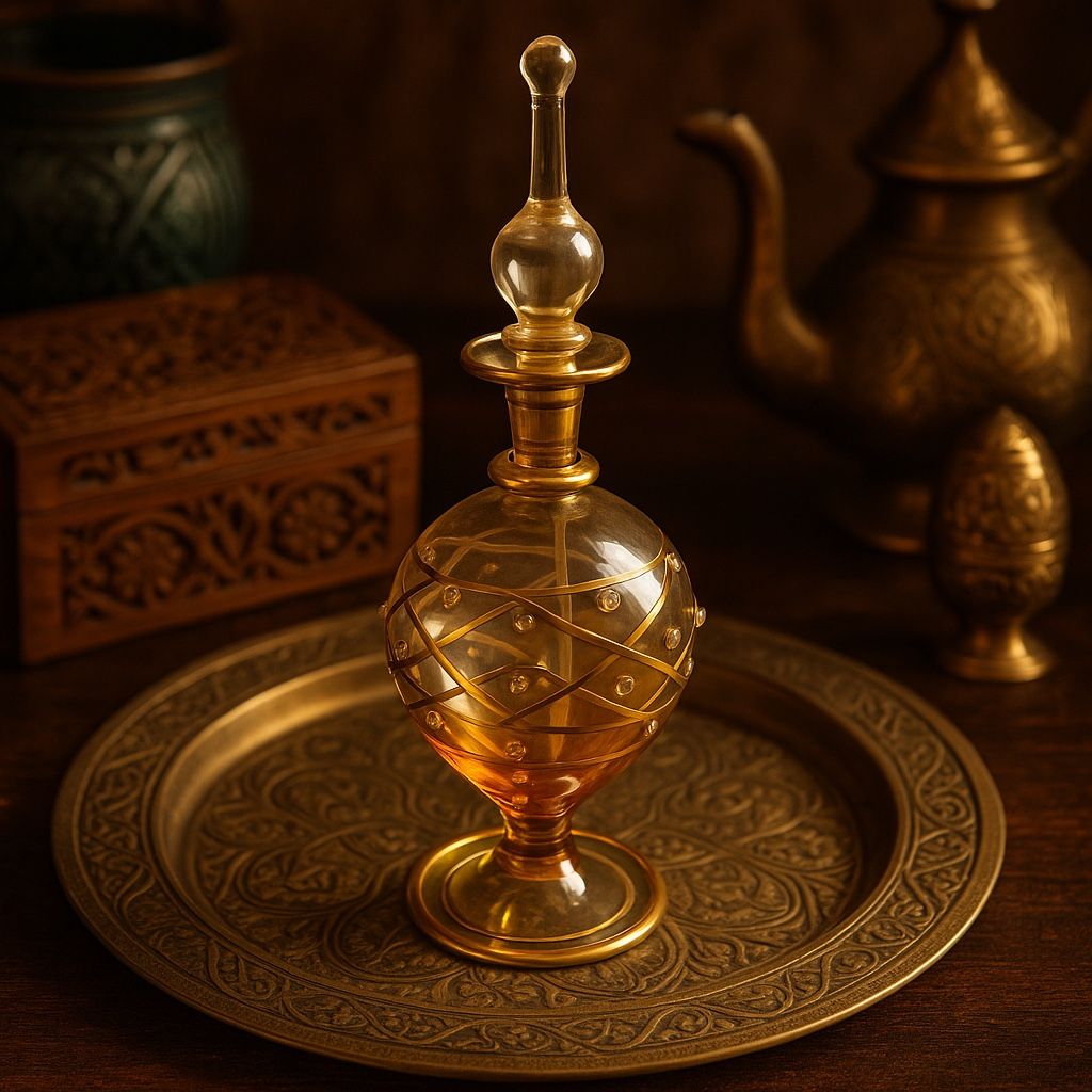 Egyptian Vintage 1990s Hand Blown Glass Perfume Bottle Amber Gold REPAIRED