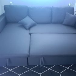 Black Linen Pull Out Sectional Sofa w/storage chaise