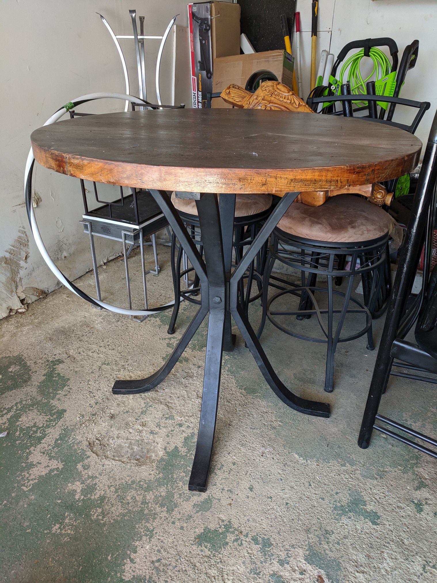 High Wooden Table with Iron Legs + Stools