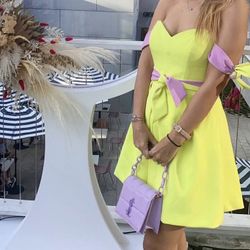 Modern Yellow And Purple Dress Cut With Small Sleeves And Belt 