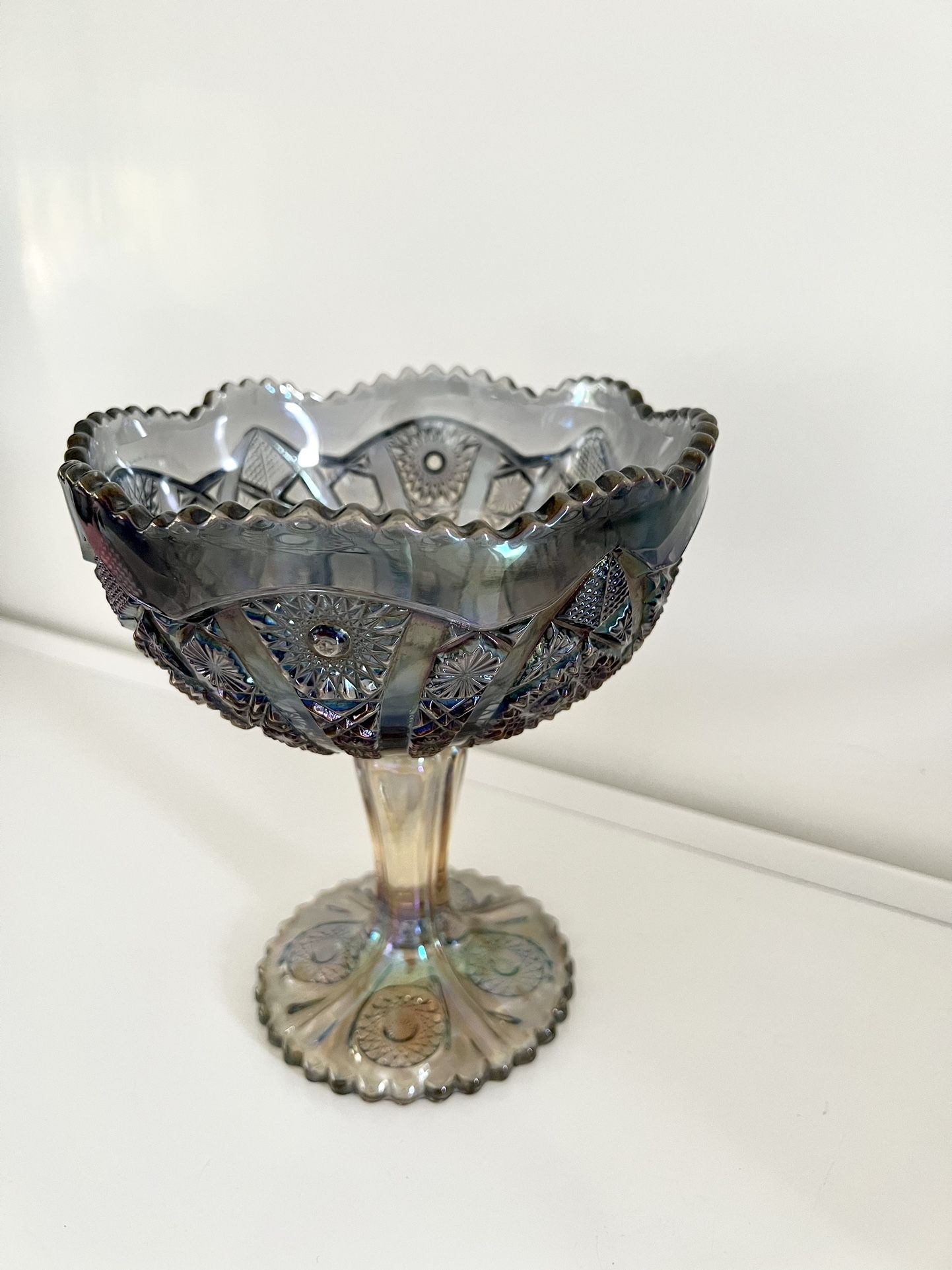 Vintage Carnival Glass, Imperial Amethyst Carnival Glass Pedestal Bowl 7.5” h