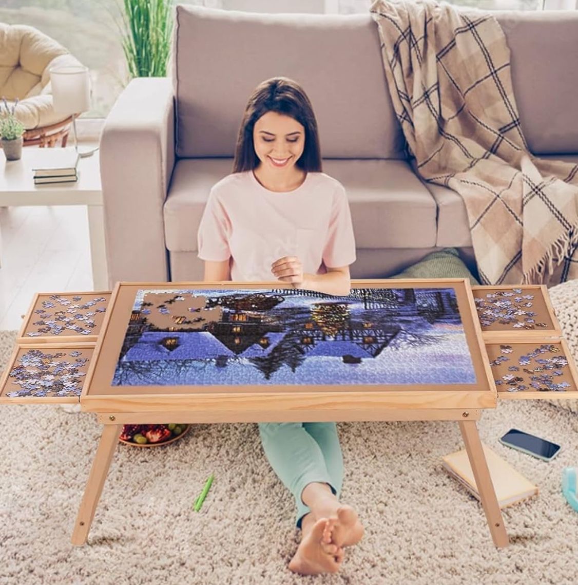 Folding Jigsaw Puzzle Table with 4 Drawers