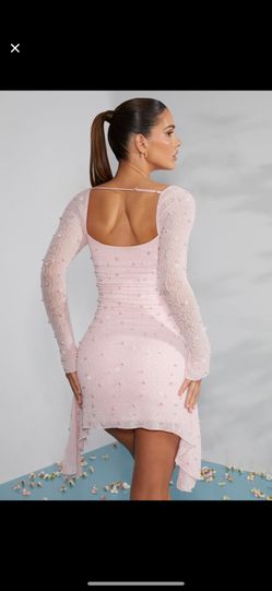 strapless open back dress Pearl Mesh Midi Dress- Pearl Bodycon Dress- Long Blush Pink Dress –  Juliana's Boutique main image 1