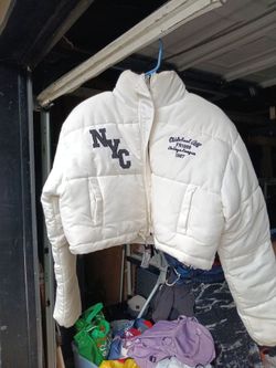 White Cropped NYC Puffer Jacket and printed jacket