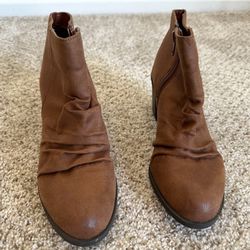 Womens Arizona Side Zip Faux Suede Block Heel Booties - Cognac Brown, Size 6.5