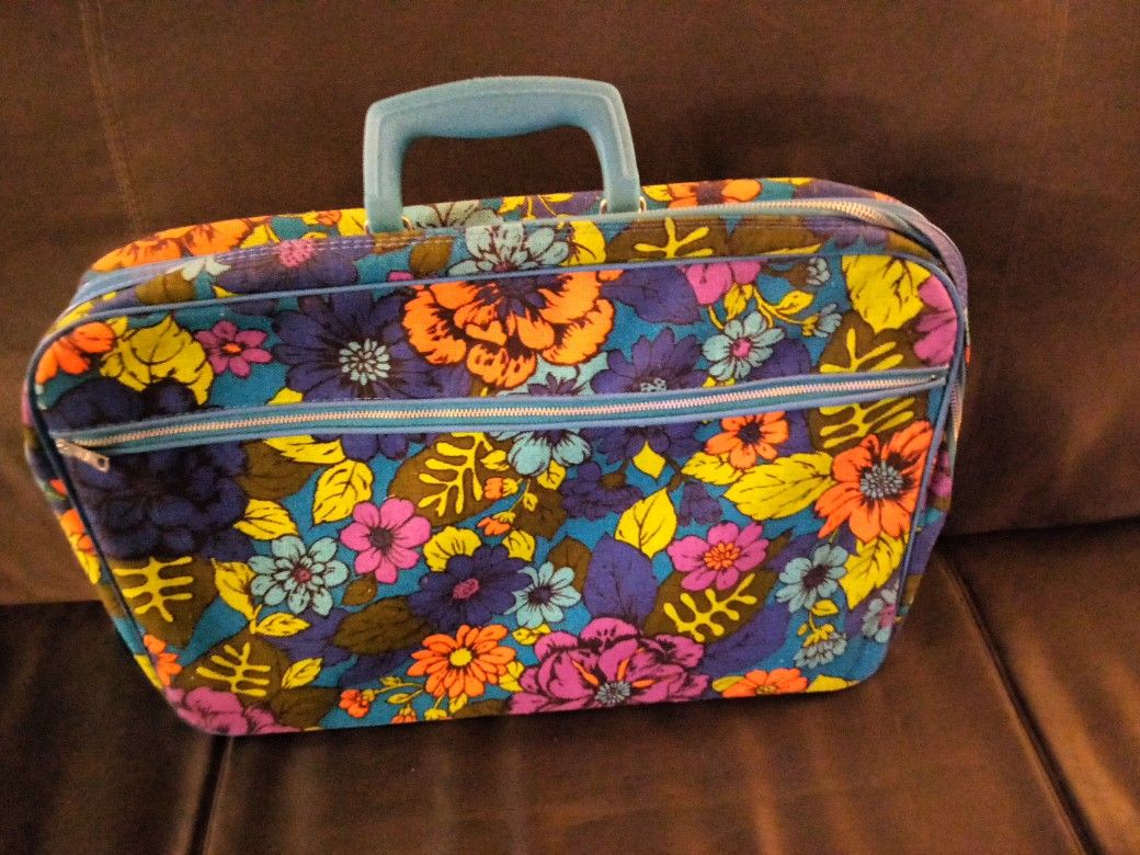 Vintage Floral Fabric Vinyl Suitcase With Key Made In Japan 