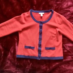 Red-orange With Blue Cardigan