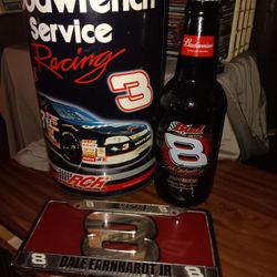 Vintage  Dale Earhart  GM trash Can/License Plate ,Jr,Bottle 