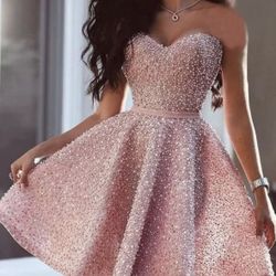 Pink Strapless Beaded Dress 