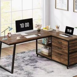 JW0655 53" Reversible L-Shaped Computer Desk With 3 Drawers & Shelves