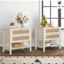 SICOTAS Set of 2 Cream White Rattan Nightstands with 2 Large Drawers, Boho Side Table with 2 Large Drawers, Coastal Bedroom Furniture Set