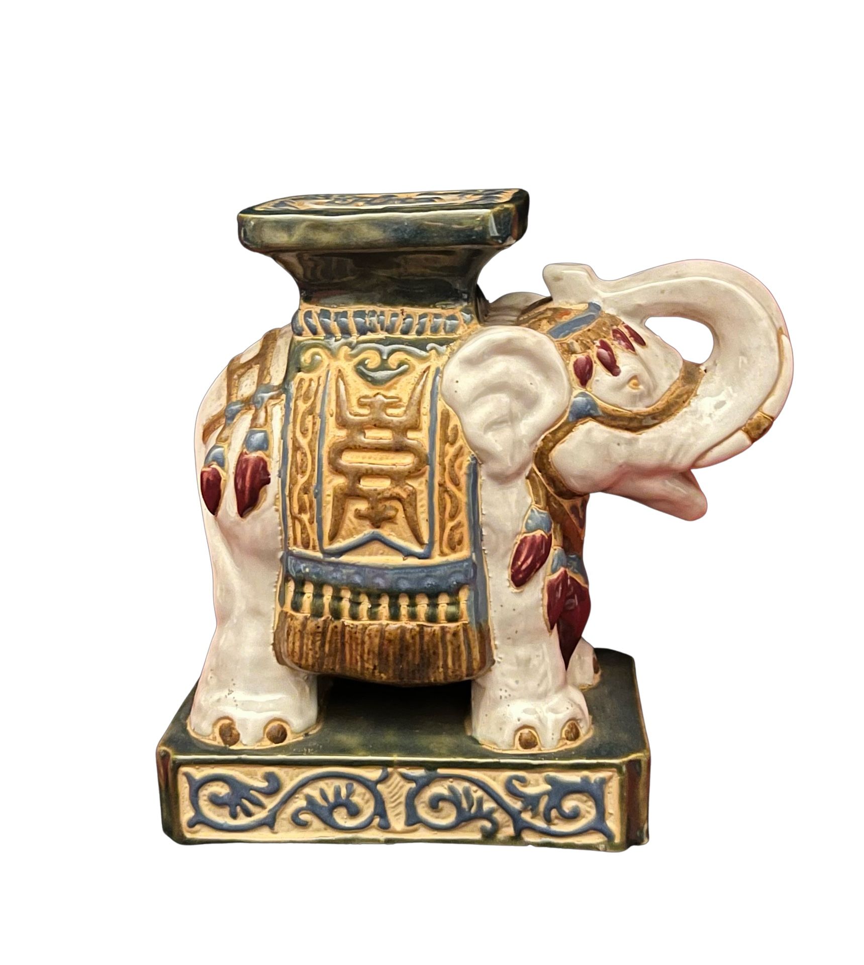 💕 Vintage NEW Small Asian Ceramic Glazed White, Green, Multicolored ELEPHANT Statue, Plant Stand, Bookend 💕