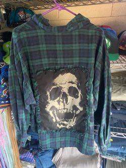 ROMWE PUNK Grunge Skull Backpatch Plaid Flannel Shirt Green Navy Men's 2XL
