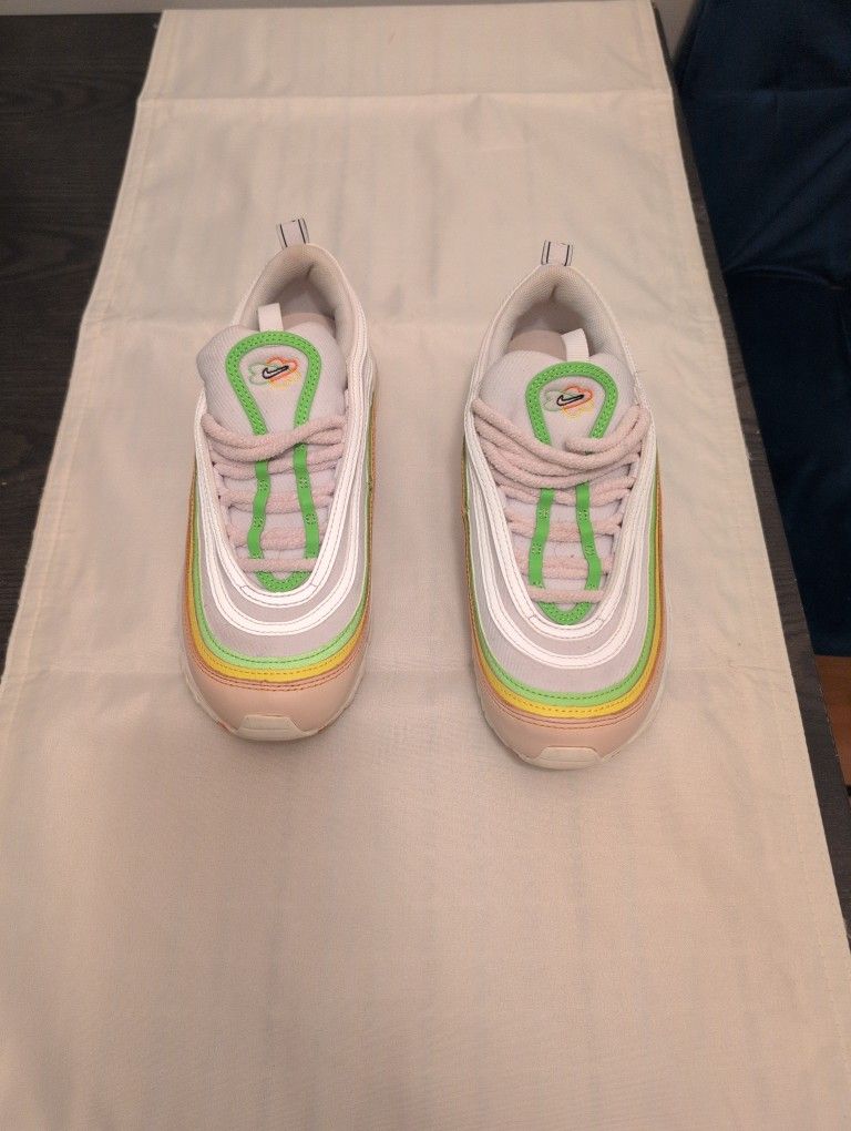 Nike Air Max 97 Size 9 Fleece Shoe String Pink Green White Yellow. Gently Used.