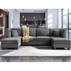 New Heavy Duty Reversible Sectional Sofa Set, Oversized U-Shaped Convertible Couch with Ottomans, Velvet L-Shaped Chaise Lounge Sofa Bed for Living Ro