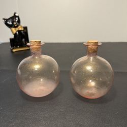 Artisan Vintage 1990s 2 Aventurine Rose Gold Elixir Glass Bottles Gold Flakes