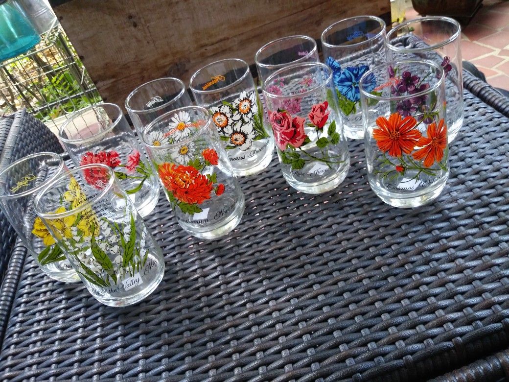 Vintage glasses 70s flower of the month glassware set of 11 Brockway Tumblers floral 1970s retro