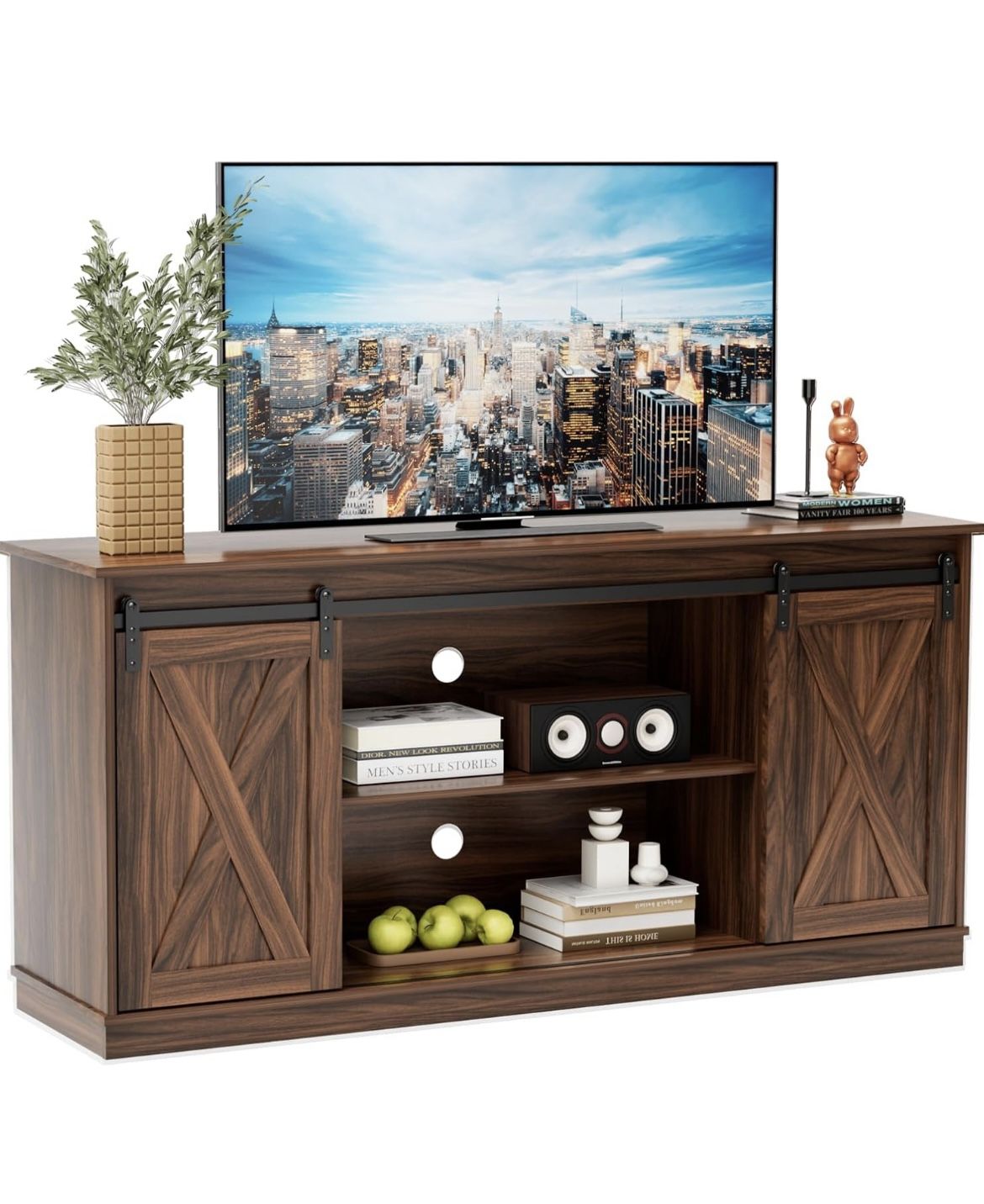 Rustic Farmhouse TV Stand with Sliding Barn Doors and Adjustable Shelves - New Fully Assembled 