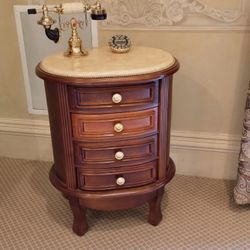 Rare PAIR of Royal Rodin Marble Top Cherry Wood Phone Dial Pad Nightstands Table