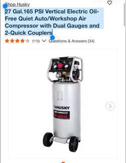 Husky 27 Gal.165 PSI Vertical Electric Oil-Free Quiet Auto/Workshop Air Compressor with Dual Gauges and 2-Quick Couplers like new