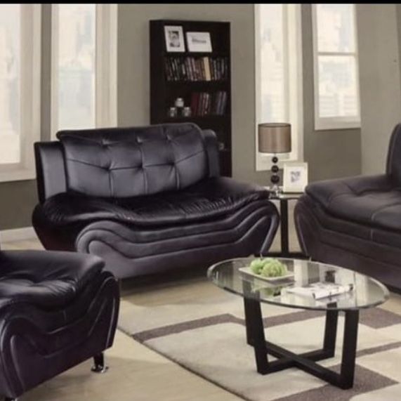 Black Leather Three Piece Modern Style Couch Set 