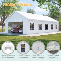 Carport Canopy 16x32 Heavy Duty, Portable Metal Carport Garage with Removable Waterproof Cover & Sidewalls, All Weather Outdoor Shelter for Cars, Truc