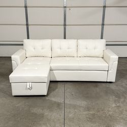 New White Leather Sofa Bed Sectional / Couch with Chaise (Can Deliver)