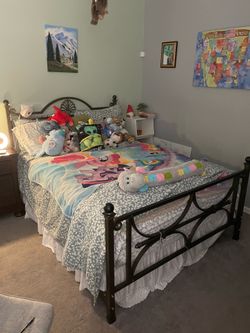 Queen metal bed frame, box and mattress