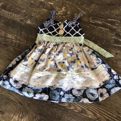 NWOT 2T Boutique Costum Made Prairie Blue Floral Butterfly Knot Dress w/ Apron