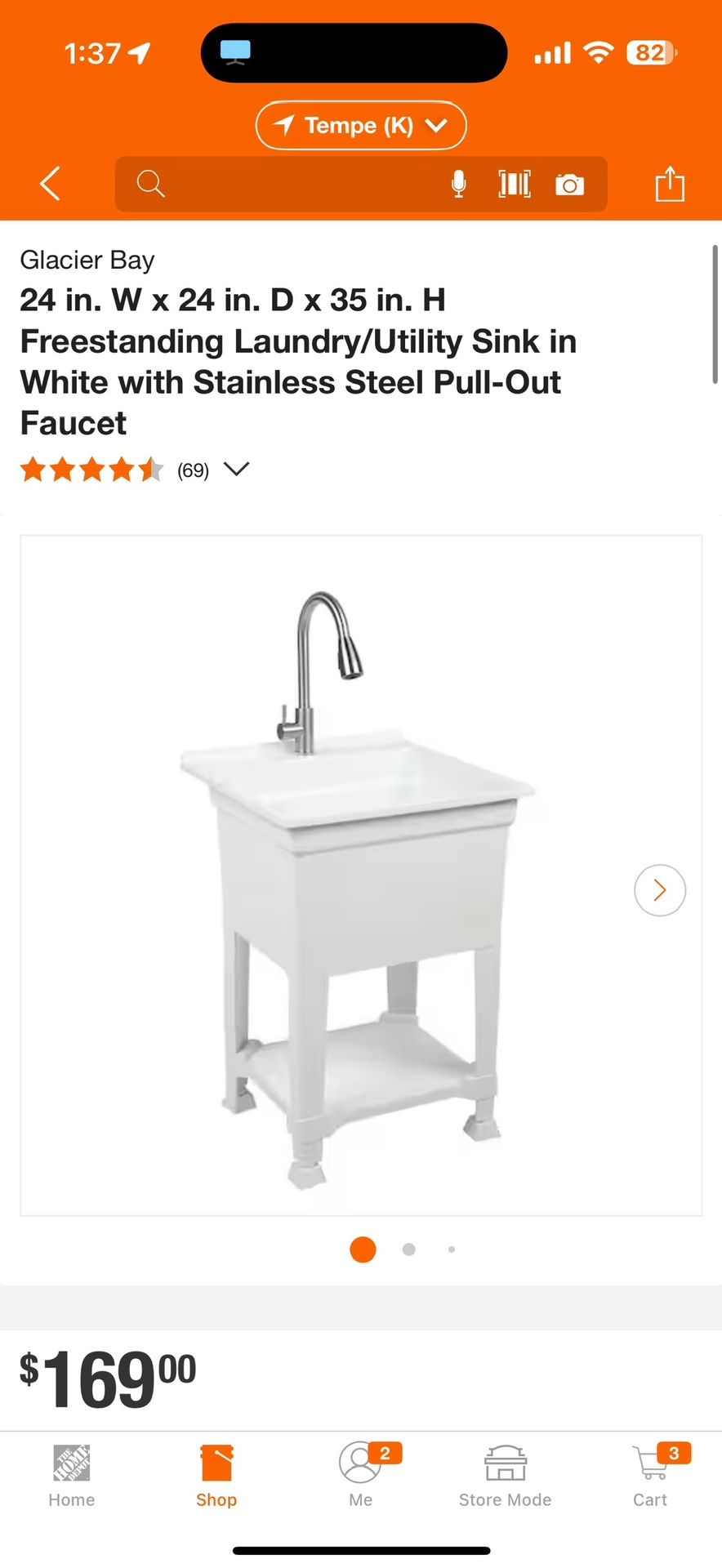 Glacier Bay 24 in.W x 24 in.D x 35 in.H Freestanding Laundry/Utility Sink Pull-Out Faucet New $85