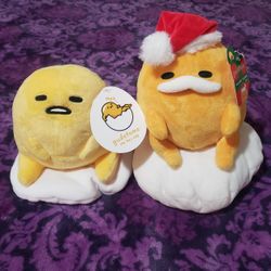 Soft Yellow Sanrio Gudetama "The Lazy Egg" 8" Plush Toy With Tag Reading "Meh" & 10" Gudetama Lazy Egg With Santa Hat Christmas Edition With Tag!