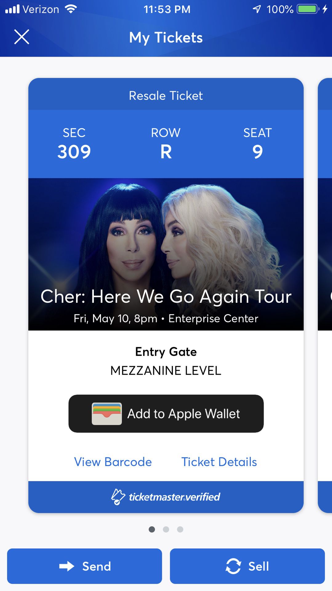 Cher tickets - St. Louis - Section 309, Row R, Seat 9,10,11 - $95 each