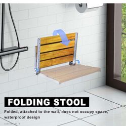 Teak Folding Shower Bench Seat in Wall Mounted with Shower Grab Bar, Wider/17.52in