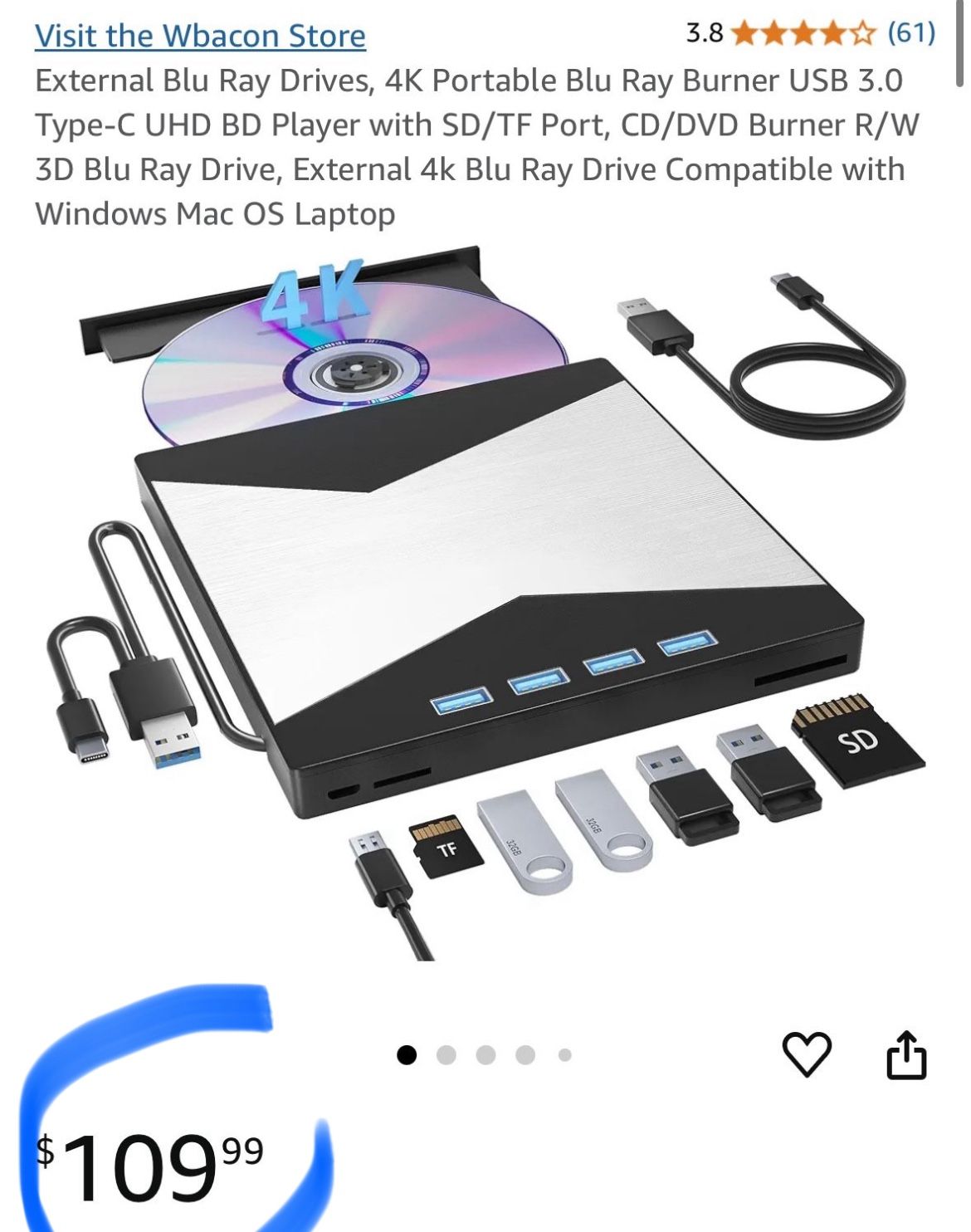 NEW External Blu Ray Drives, 4K Portable Blu Ray Burner USB 3.0 Type-C UHD BD Player with SD/TF Port, CD/DVD Burner R/W 3D Blu Ray Drive, External 4k