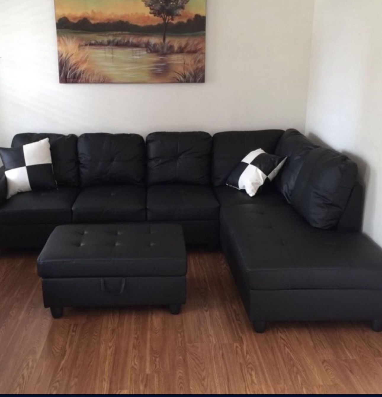 Black Leather Sectional Couch And Ottoman