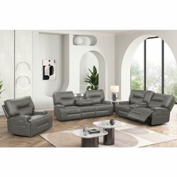 GREY FAUX LEATHER POWER MOTION RECLINER SET