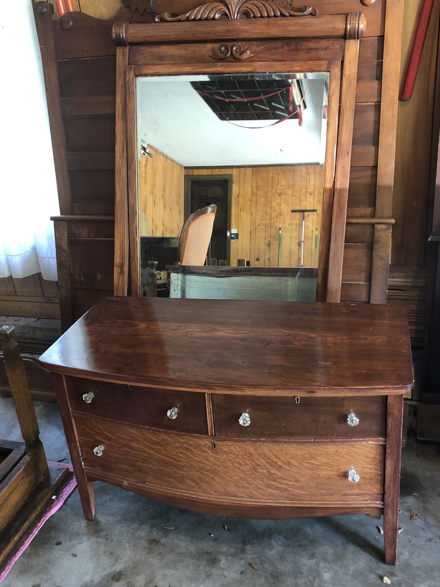 Antique Bow Front Lowboy Mirrored Dresser