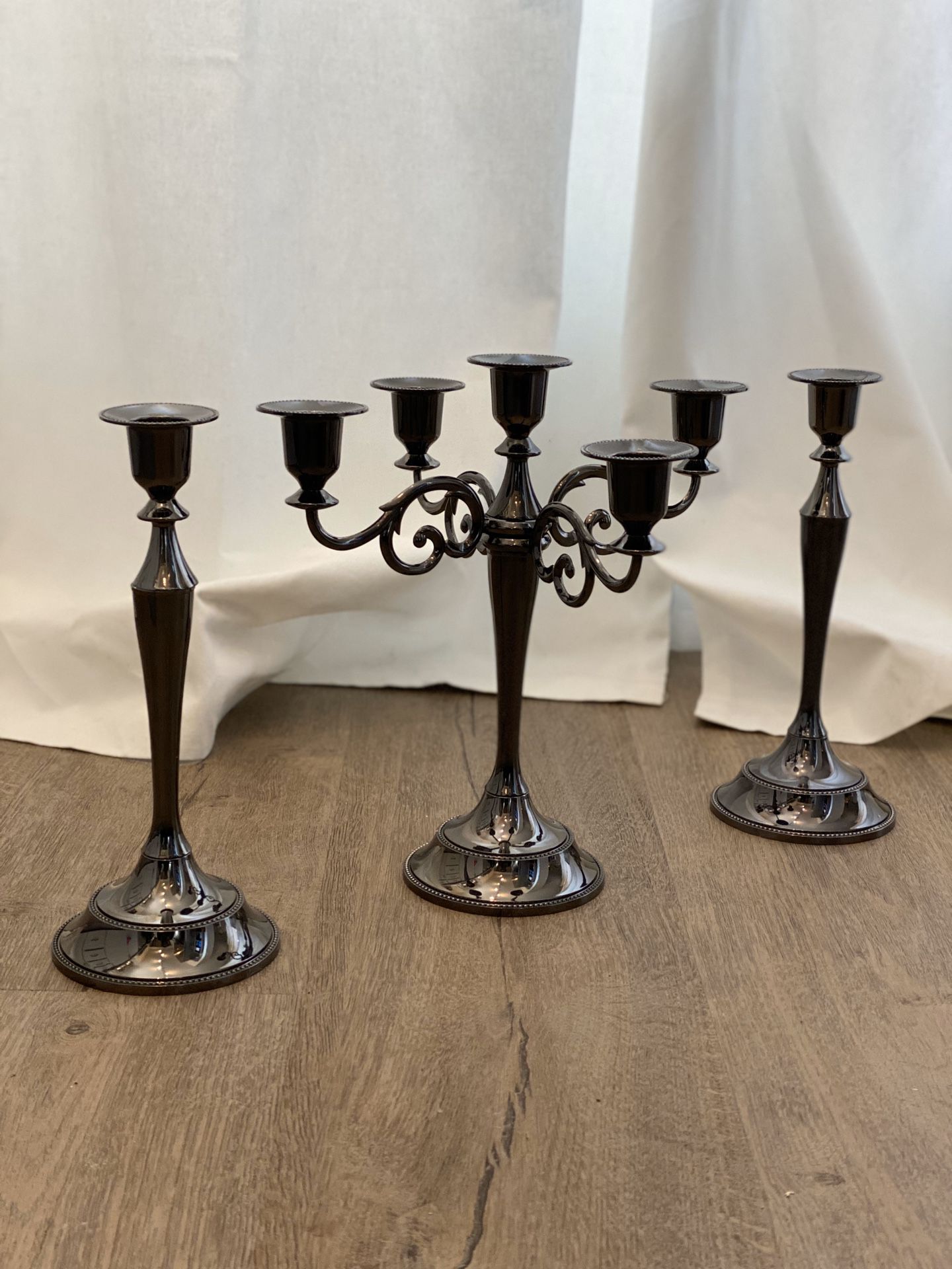 Black Chrome Vintage (1) Candelabra for five candles + (2) matching single Candle Holders