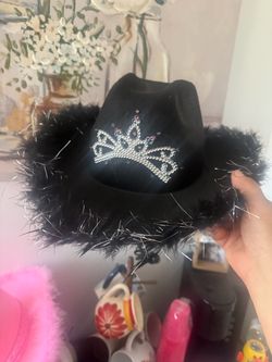 Black Cowgirl Hat with Feather Trim and Crown