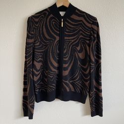 ST. JOHN SPORT Black Brown Wool Blend Swirl Print Mock Neck Full Zip Up Sweater