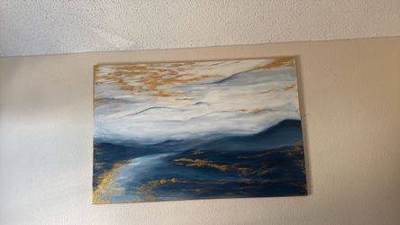 Abstract Ocean Wave Painting with Gold Accents