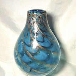 Lenox ? Art Glass Blue Seaview Bottle Vase Gold Flecks Swirl Large 11"