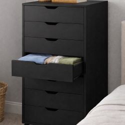 7-Drawer Chest, Wood File Cabinet with Wheels, Black