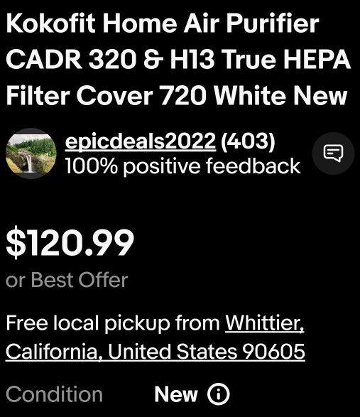 Kokofit Home Air Purifier CADR 320 & H13 True HEPA Filter Cover 720 White Brand New