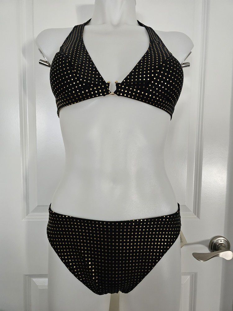 Sexy ENDLESS SUN Halter Two-piece Soft-cup Bikini Swimsuit S Black Gold NEW